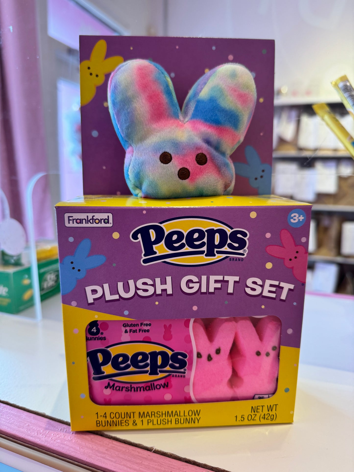 Peeps Plush Gift Set: Tie-Dye Bunny with pink marshmallow Peeps